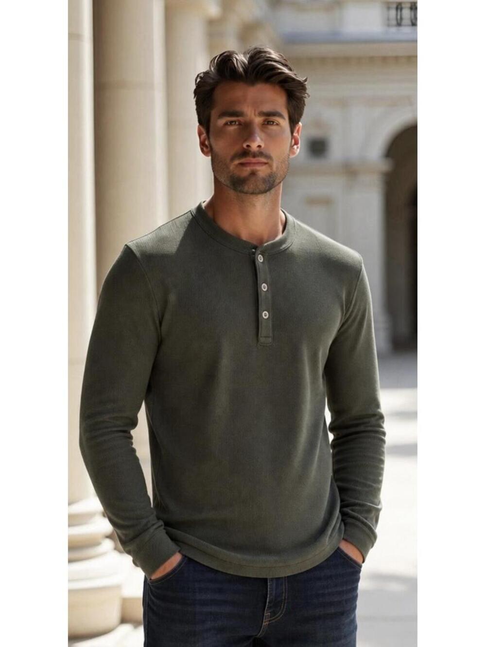 BANANA REPUBLIC MENS PIMA COTTON WAFFLE HENLEY IN MOSS-SIZE SMALL